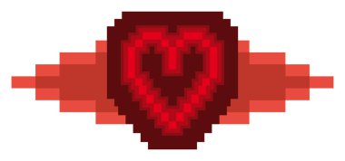 Video Game concept of pixelated red heart view, with spot like red blood in pixel art style.