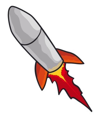 Close up view of flying rocket, with firewake and nuclear propulsion.