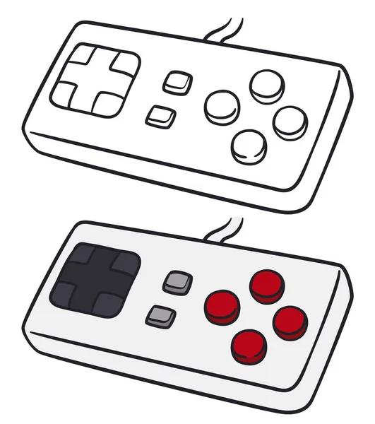 Old Videogame Controllers One Colorless Outline Style Other Flat Colors — Stock Vector