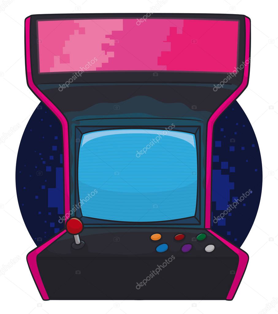 Design in cartoon style of a vintage arcade video game, with joystick, buttons and screen, also the case colored with pixels.