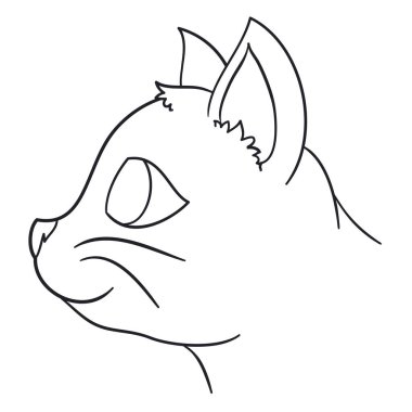 Design for coloring of smiling cat from the side in outlines and cartoon style.