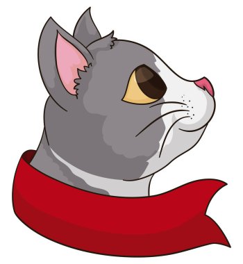 Cute cat in profile of white and gray fur behind red ribbon, isolated over white background.