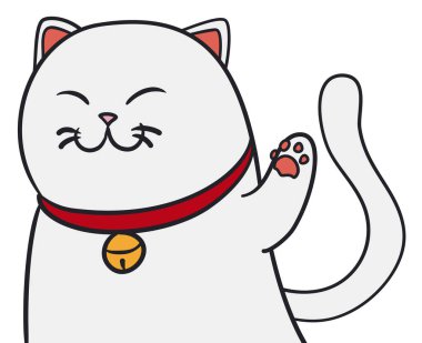 Cute and happy cat - like a Japanese maneki-neko - with closed eyes, white fur, red collar and jingle bell saluting you.