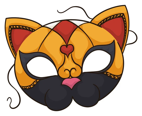 Stylized Cat Mask Venetian Style Decorated Heart Shape Strings Design — Stock Vector