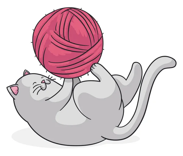 Happy Cute Cat Entertained Pink Big Ball Wool — ストックベクタ