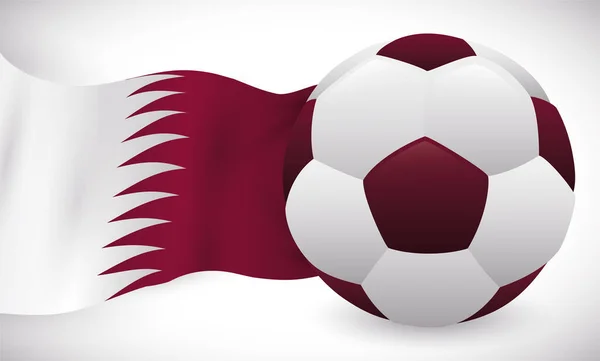 Pelota Fútbol Color Granate Ondeando Bandera Qatar Lado Izquierdo — Vector de stock