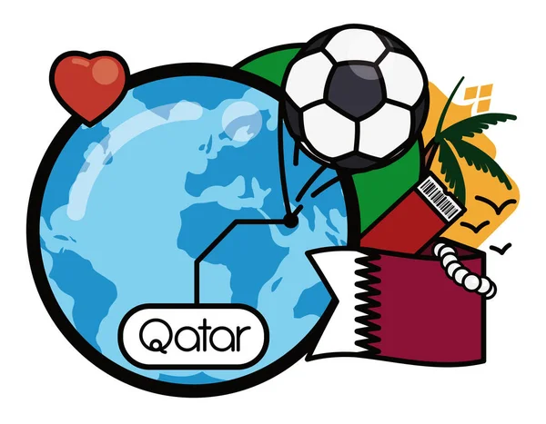 Erinnerungselemente Für Katars Fußballereignis Globus Mit Dem Standort Der Nation — Stockvektor