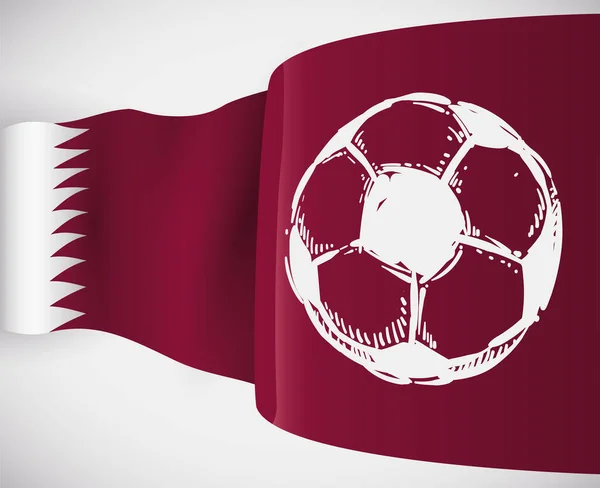 Acenando Bandeira Qatar Com Uma Bola Futebol Estilo Desenhado Mão —  Vetores de Stock
