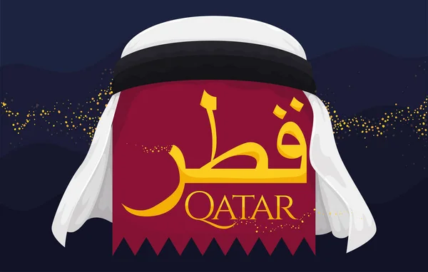 Diseño Con Blanco Keffiyeh Sobre Etiqueta Serrada Con Signo Qatar — Vector de stock