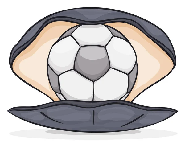 Любопытная Открытая Устрица Держащая Внутри Серебряный Футбольный Мяч Жемчуг Дизайн — стоковый вектор