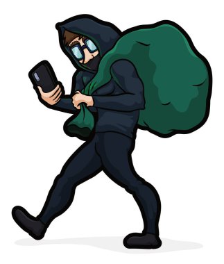 Koyu renk elbiseli ve elinde büyük yeşil bir çanta olan rahat bir adam, sadece cep telefonuyla siber soygun yapıyor..