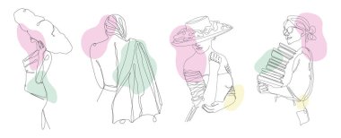 Bir dizi kız tek sıra halinde çiziliyor. Kadın siluetleriyle çizgi sanatı. Modern yalıtılmış el çizimleri. Kartlar, logolar, arka planlar, kırtasiye malzemeleri için. Kız siluetleri