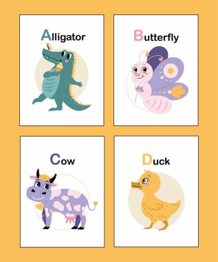 A 'dan D' ye sevimli hayvan alfabesi parlak renklerde eğitici vektör çizimi. Timsah, Kelebek, İnek, Ördek. Sarı arka planda izole edilmiş renkli el çizimi hayvan alfabesi kartları. 