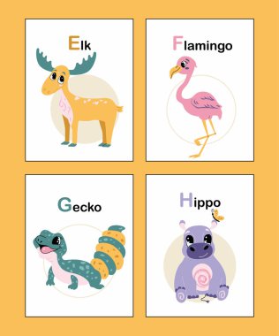 E 'den H' ye sevimli hayvan alfabesi parlak renklerde eğitici vektör çizimi. Geyik, Flamingo, Gecko, Hippo. Sarı arka planda izole edilmiş renkli el çizimi hayvan alfabesi kartları. 