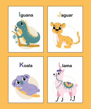 Cute animal alphabet from I to L. Educational vector illustration in bright colors. Iguana, Jaguar, Koala, Llama. Colorful hand drawn cartoon animal alphabet cards isolated on yellow background. 