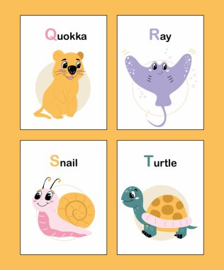 Educational animal alphabet cards Q to T. Colorful childish vector illustrations with letters. Funny learning alphabet collection. Quokka, Ray, Snail, Turtle.