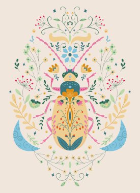 Çiçekler ve bir böcekle güzel halk ilkbahar yaratıcı illüstrasyonları. Çiçek posteri, afiş, duvar sanatı, modern tasarım, kartpostal, baskı. Açık arkaplanda böcekle çiçek düzenleme