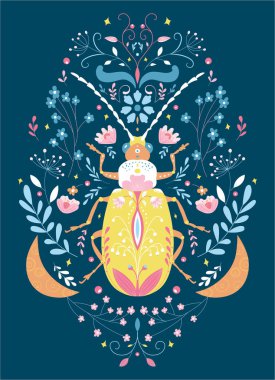  Çiçekler ve bir böcekle güzel halk ilkbahar yaratıcı illüstrasyonları. Çiçek posteri, afiş, duvar sanatı, modern tasarım, kartpostal, baskı. Koyu arkaplanda böcekle çiçek düzenleme