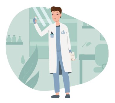 Test tüplü beyaz önlüklü doktor testleri inceliyor. Doktorun ofisi, hastalıkları inceliyor, teşhis koyuyor. Laboratuvar erkek asistanı. Bir doktorla tıbbi laboratuvar çizimi.