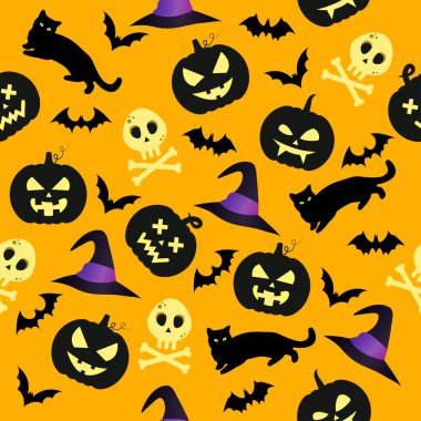 Cadılar Bayramı 'nda balkabakları, yarasalar, siyah kediler ve sarı arka planda kafatasları olan kusursuz desenler. Vektör illüstrasyonu paket kağıdı, tekstil, web arkaplanı ve tebrik kartları için uygundur.