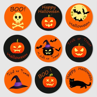 Cadılar Bayramı basılabilir etiketleri. Kabak, yarasa, siyah kedi ve kafatasıyla vektör illüstrasyonu.