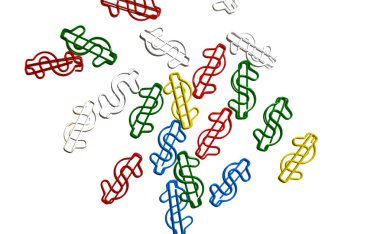 Beyaz arka planda izole edilmiş dolar şeklinde ataçlar.