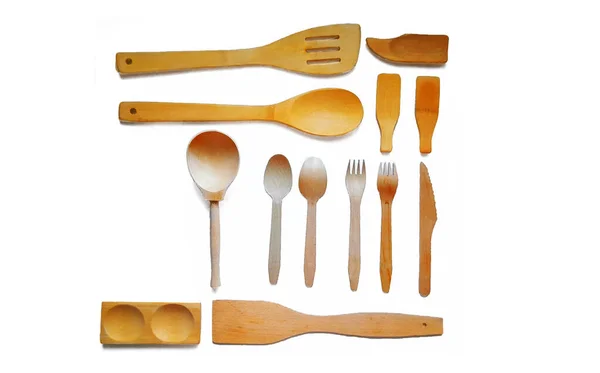 Set Wooden Kitchen Accessories Spatulas Spoons Isolated White Background Cut — Stock Photo, Image