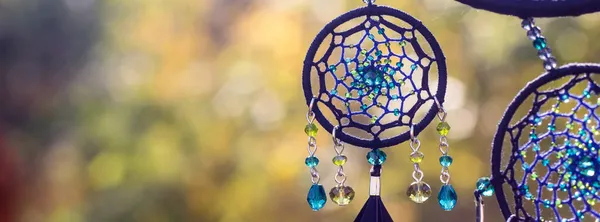 Banner Dream Catcher Feathers Threads Beads Rope Hanging Dreamcatcher Handmade — Stock Photo, Image