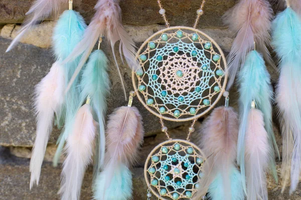 Dream Catcher Feathers Threads Beads Rope Hanging Dreamcatcher Handmade — Stock Photo, Image