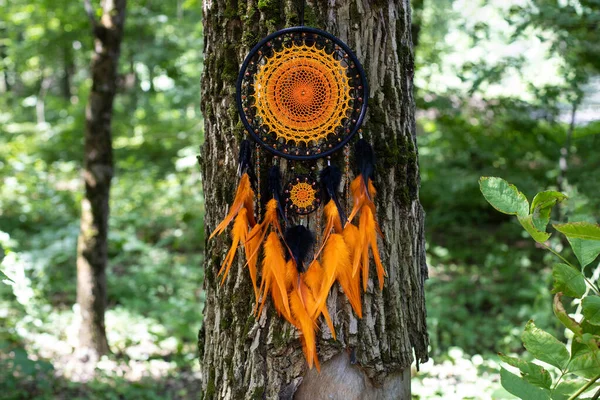 Apanhador Sonhos Com Fios Penas Pérolas Corda Pendurada Dreamcatcher Artesanal — Fotografia de Stock