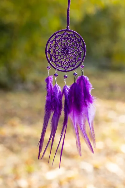 Apanhador Sonhos Com Fios Penas Pérolas Corda Pendurada Dreamcatcher Artesanal — Fotografia de Stock