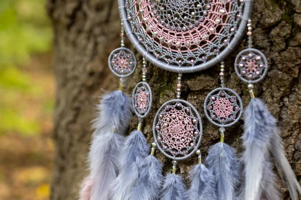 Apanhador Sonhos Com Fios Penas Pérolas Corda Pendurada Dreamcatcher Artesanal — Fotografia de Stock