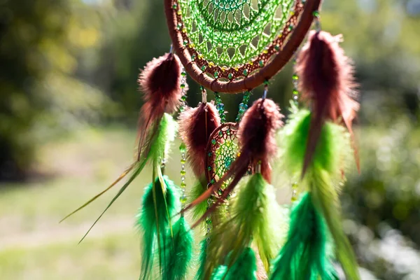 Attrape Rêves Avec Des Fils Plumes Des Perles Corde Suspendue — Photo