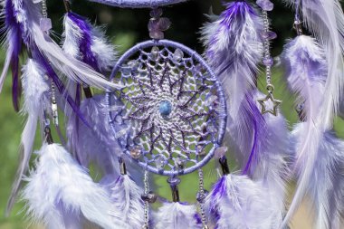Tüylü, boncuklu ipleri sallanan bir düş kapanı. El yapımı rüya yakalayıcı çok moda renkte. Geçmişi. 2022 Yılı Rengi.