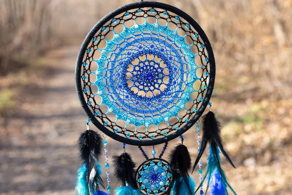 Attrape Rêves Avec Des Fils Plumes Des Perles Corde Suspendue — Photo