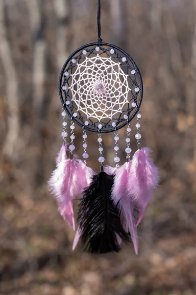 Apanhador Sonhos Com Fios Penas Pérolas Corda Pendurada Dreamcatcher Artesanal — Fotografia de Stock