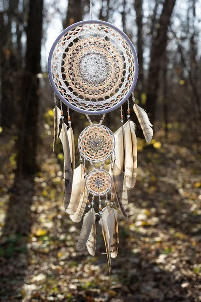 Attrape Rêves Avec Des Fils Plumes Des Perles Corde Suspendue — Photo