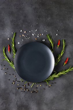 Karanlık bir arka planda biberiye dalları ve baharatları olan boş bir siyah tabak. Kopyalama alanı olan üst görünüm