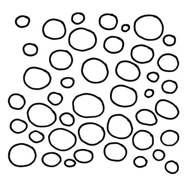 Çember çizgilerinin soyut tek renkli basit karalama vektör deseni. Beyaz arkaplanda siyah taşlar kabarcıkları