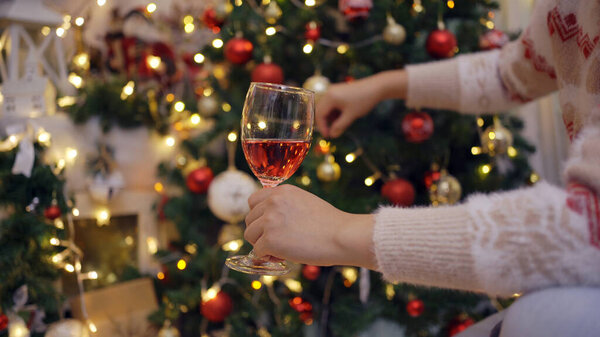 Woman Drink Red Wine Decorate Christmas Tree Xmas New Year Stock Picture