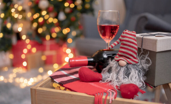 Red Wine Decorate Christmas Tree Xmas New Year Party Home Stock Picture