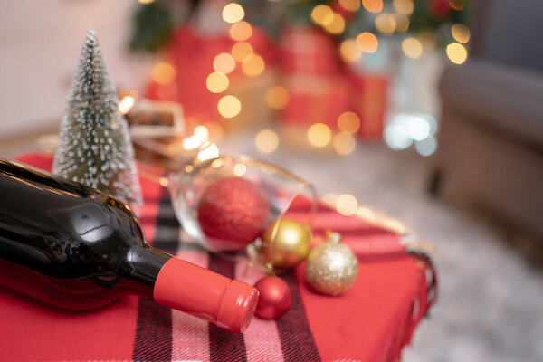 Red Wine Decorate Christmas Tree Xmas New Year Party Home Stock Picture