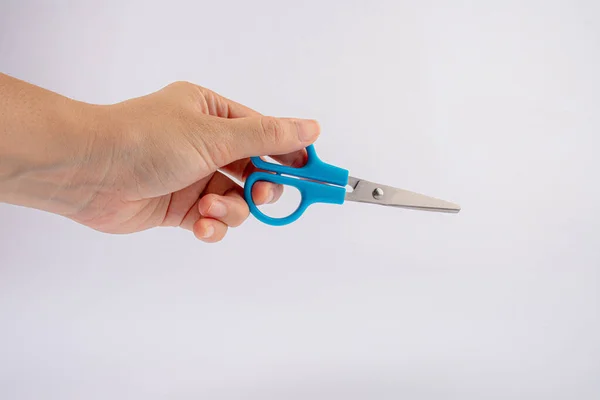 Hand Holding Office Stationery Scissors Cutting White Background Isolation — Stock Photo, Image