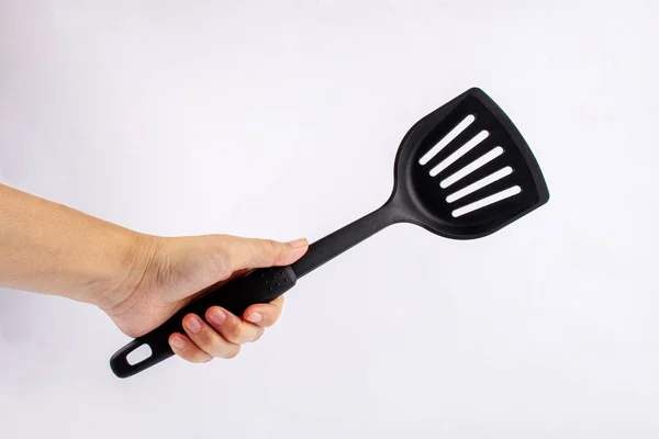 Hand Plastic Black Spatula Frying Pan Isolated White Background — Stock Fotó