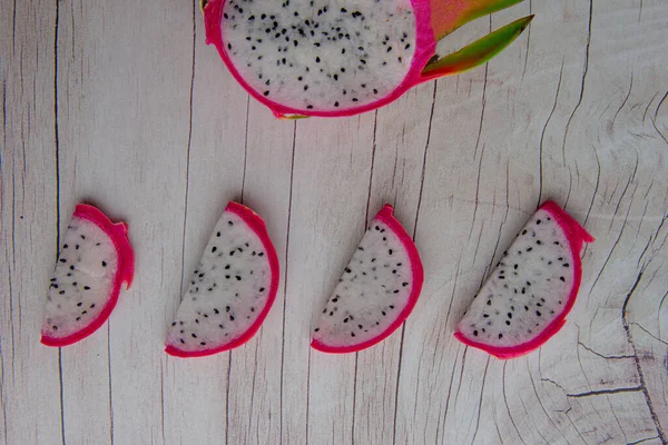 Dragon Fruit Wooden Spoon Isolated Wood Background — 图库照片