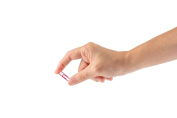 Beyaz arkaplanda izole edilmiş el ve renkli ataçlar