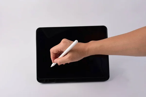 Hand Smartphone Black Stylus Writing Isolated White Background — Stock Photo, Image