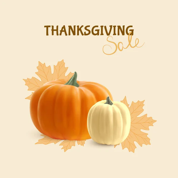 Gerçekçi organik portakal ve altın yapraklı beyaz balkabağı. Mutlu Tanksavarlar. Tebrik kartı, davet, gönderi, duvar kağıdı veya broşür için vektör ilülasyonu