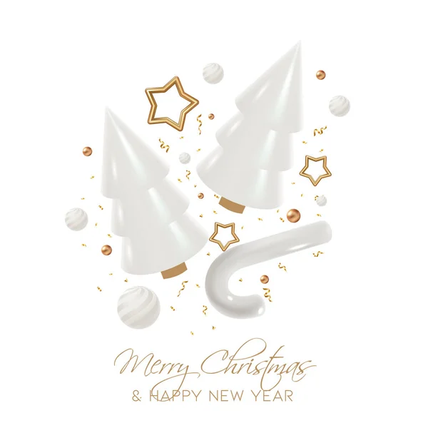 Mutlu Noeller ve yeni yıl geçmişi. Altın noel baloları, yıldızlar ve konfetiyle gerçekçi bir 3 boyutlu koni ağacı. Yaratıcı tatil tasarımı. Kış kompozisyonu. Pankart ve web posteri. Vektör illüstrasyonu
