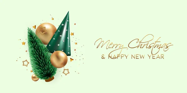 Mutlu Noeller ve yeni yıl geçmişi. Altın noel baloları, yıldızlar ve konfetiyle gerçekçi bir 3 boyutlu koni ağacı. Yaratıcı tatil tasarımı. Kış kompozisyonu. Pankart ve web posteri. Vektör illüstrasyonu